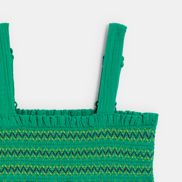 فستان مطرّز من الشاش القطني باللون الأخضر للفتيات.